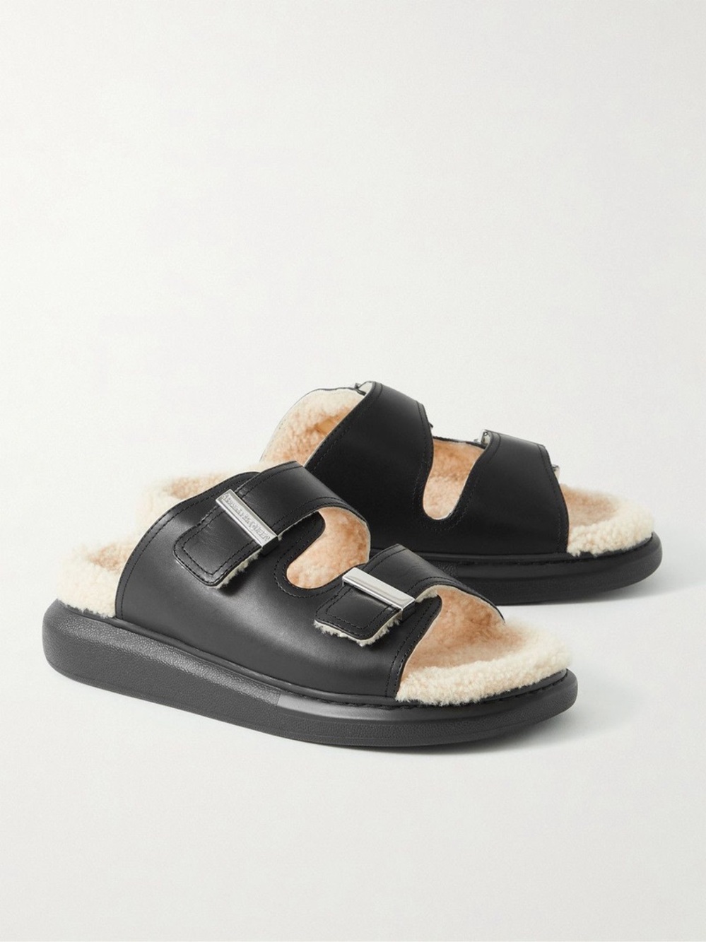 Alexander McQueen Shearling Leather Platform Sandals Black 38.5